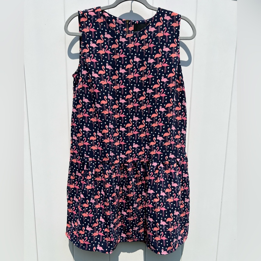 Cynthia Rowley Drop Waist Dress Navy Flamingo Print Sleeveless Pockets Sz 4 GUC